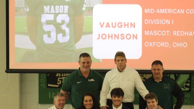 Mason senior Vaughn Johnson signs to play football for Miami (Ohio). Mason High School celebrated 35 seniors signing national letters of intent Feb. 7. 2024.