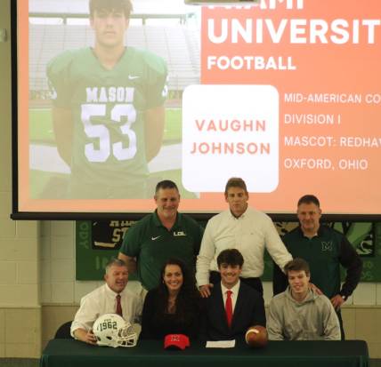 Mason senior Vaughn Johnson signs to play football for Miami (Ohio). Mason High School celebrated 35 seniors signing national letters of intent Feb. 7. 2024.