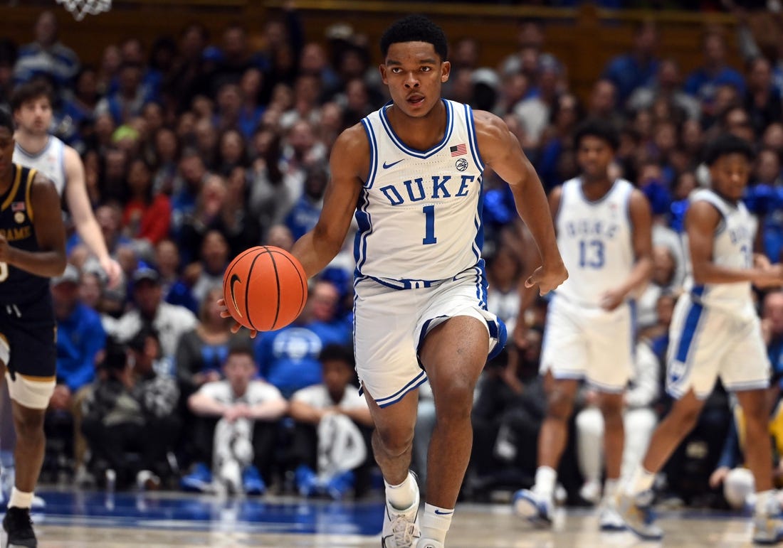 Feb 7, 2024; Durham, North Carolina, USA;  Duke Blue Devils guard Caleb Foster (1) dribbles up court during the second half against the Notre Dame Fighting Irish at Cameron Indoor Stadium. The  Blue Devils won 71-53.Mandatory Credit: Rob Kinnan-USA TODAY Sports