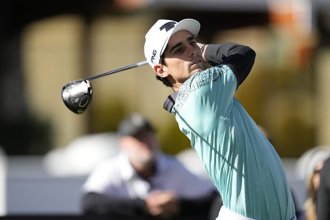 Feb 8, 2024; Las Vegas, Nevada, USA; Joaquin Niemann plays his shot from the first tee during the first round of the LIV Golf Las Vegas tournament at Las Vegas Country Club. Mandatory Credit: Lucas Peltier-USA TODAY Sports