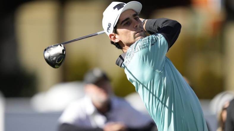 Feb 8, 2024; Las Vegas, Nevada, USA; Joaquin Niemann plays his shot from the first tee during the first round of the LIV Golf Las Vegas tournament at Las Vegas Country Club. Mandatory Credit: Lucas Peltier-USA TODAY Sports