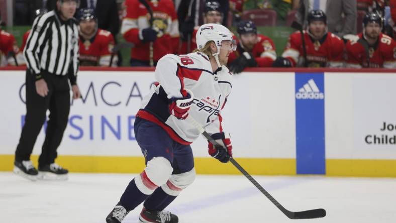 Feb 8, 2024; Sunrise, Florida, USA; Washington Capitals defenseman Rasmus Sandin (38) moves the puck against the Florida Panthers during the first period at Amerant Bank Arena. Mandatory Credit: Sam Navarro-USA TODAY Sports