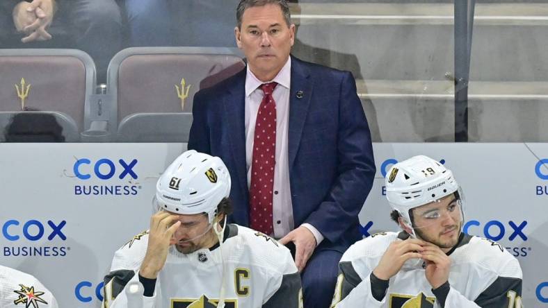 Feb 8, 2024; Tempe, Arizona, USA; Vegas Golden Knights head coach Bruce Cassidy looks on prior to the game against the Arizona Coyotes at Mullett Arena. Mandatory Credit: Matt Kartozian-USA TODAY Sports