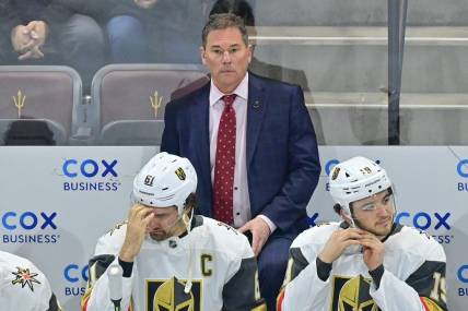 Feb 8, 2024; Tempe, Arizona, USA; Vegas Golden Knights head coach Bruce Cassidy looks on prior to the game against the Arizona Coyotes at Mullett Arena. Mandatory Credit: Matt Kartozian-USA TODAY Sports