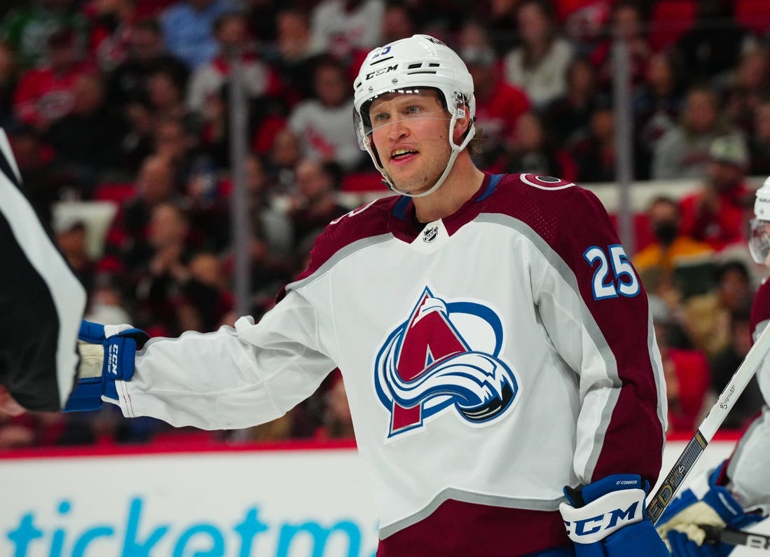 Feb 8, 2024; Raleigh, North Carolina, USA; Colorado Avalanche right wing Logan O'Connor (25) reacts against the Carolina Hurricanes during the third period at PNC Arena. Mandatory Credit: James Guillory-USA TODAY Sports