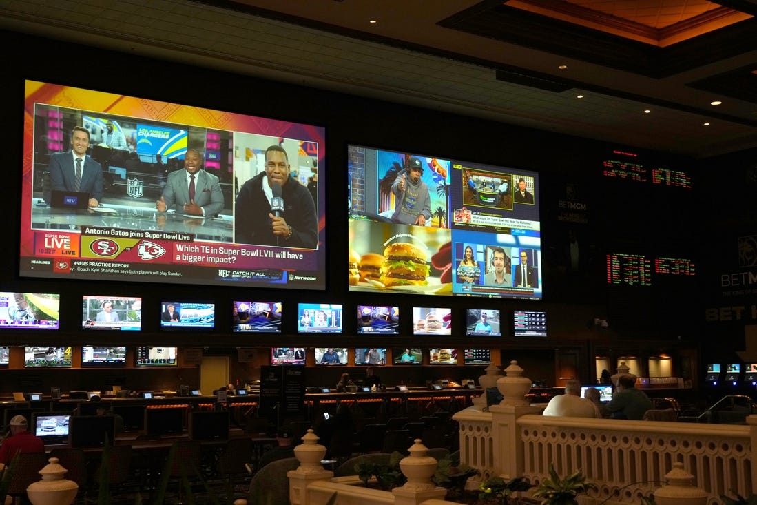 Feb 9, 2024; Las Vegas, NV, USA; The BetMGM Sportsbook at the Mandalay Bay resort and casino. Mandatory Credit: Kirby Lee-USA TODAY Sports