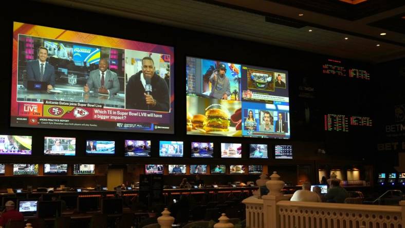 Feb 9, 2024; Las Vegas, NV, USA; The BetMGM Sportsbook at the Mandalay Bay resort and casino. Mandatory Credit: Kirby Lee-USA TODAY Sports