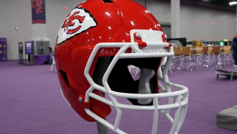 Feb 9, 2024; Las Vegas, NV, USA; A large Kansas City Chiefs helmet at the NFL Experience at the Mandalay Bay South Convention Center. Mandatory Credit: Kirby Lee-USA TODAY Sports