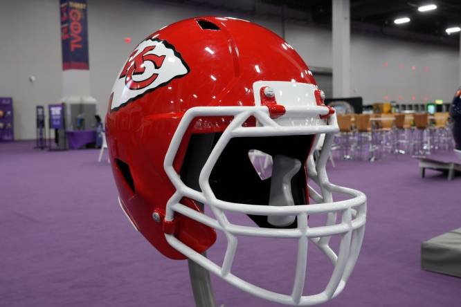Feb 9, 2024; Las Vegas, NV, USA; A large Kansas City Chiefs helmet at the NFL Experience at the Mandalay Bay South Convention Center. Mandatory Credit: Kirby Lee-USA TODAY Sports