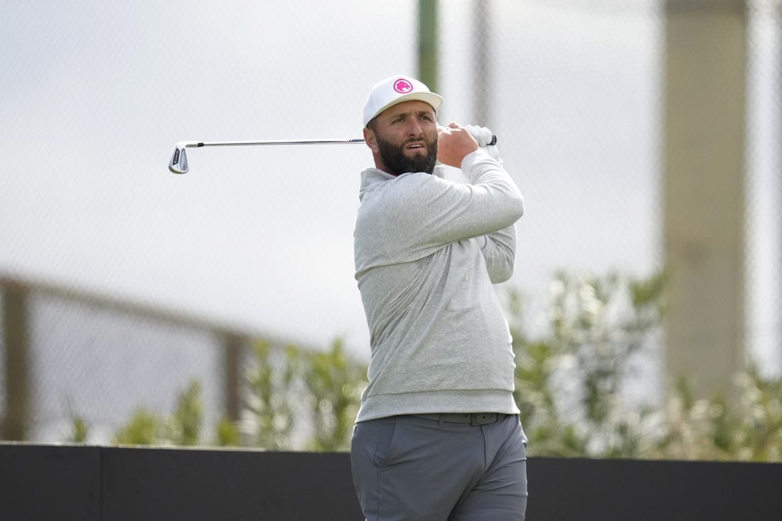 Feb 9, 2024; Las Vegas, Nevada, USA; Jon Rahm plays his shot from the 16th tee during the second round of the LIV Golf Las Vegas tournament at Las Vegas Country Club. Mandatory Credit: Lucas Peltier-USA TODAY Sports