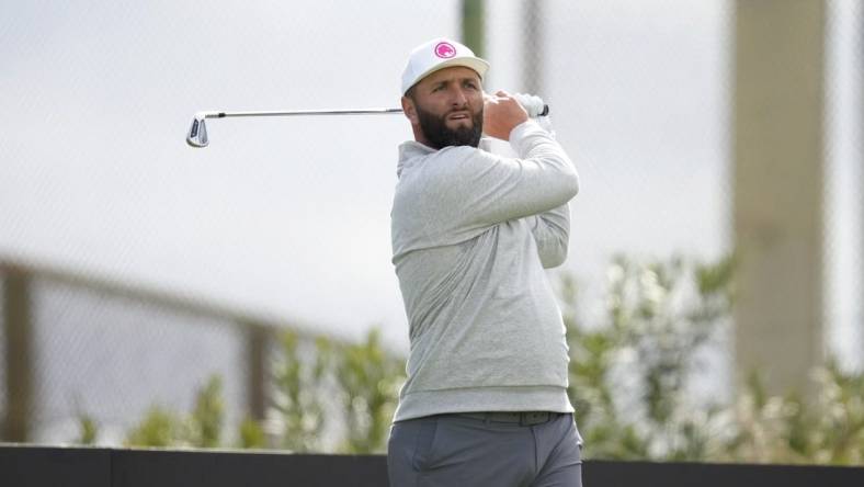 Feb 9, 2024; Las Vegas, Nevada, USA; Jon Rahm plays his shot from the 16th tee during the second round of the LIV Golf Las Vegas tournament at Las Vegas Country Club. Mandatory Credit: Lucas Peltier-USA TODAY Sports