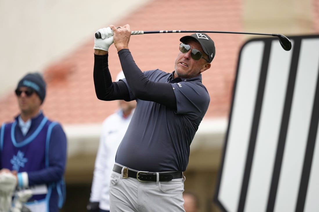 Feb 9, 2024; Las Vegas, Nevada, USA; Phil Mickelson plays his shot from the 11th tee during the second round of the LIV Golf Las Vegas tournament at Las Vegas Country Club. Mandatory Credit: Lucas Peltier-USA TODAY Sports