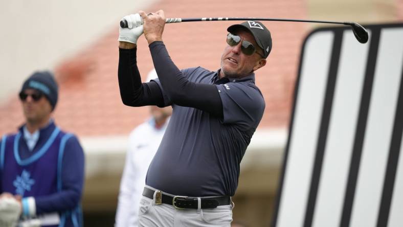 Feb 9, 2024; Las Vegas, Nevada, USA; Phil Mickelson plays his shot from the 11th tee during the second round of the LIV Golf Las Vegas tournament at Las Vegas Country Club. Mandatory Credit: Lucas Peltier-USA TODAY Sports