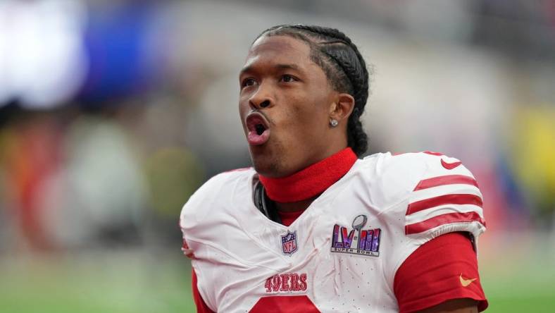 Feb 11, 2024; Paradise, Nevada, USA; San Francisco 49ers wide receiver Ray-Ray McCloud III (3) warms up before Super Bowl LVIII against the Kansas City Chiefs at Allegiant Stadium. Mandatory Credit: Kirby Lee-USA TODAY Sports