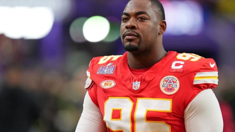 Feb 11, 2024; Paradise, Nevada, USA; Kansas City Chiefs defensive tackle Chris Jones (95) warms up before Super Bowl LVIII against the San Francisco 49ers at Allegiant Stadium. Mandatory Credit: Kirby Lee-USA TODAY Sports