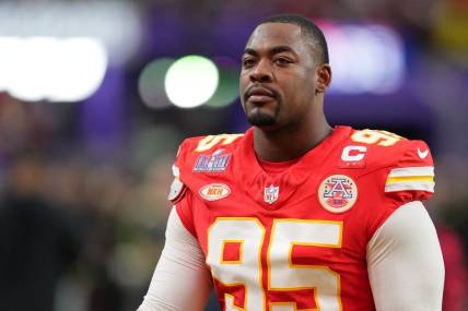 Feb 11, 2024; Paradise, Nevada, USA; Kansas City Chiefs defensive tackle Chris Jones (95) warms up before Super Bowl LVIII against the San Francisco 49ers at Allegiant Stadium. Mandatory Credit: Kirby Lee-USA TODAY Sports