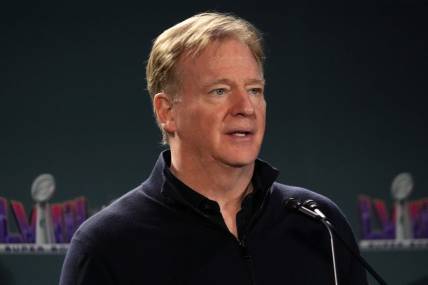 Feb 12, 2024; Las Vegas, NV, USA; NFL commissioner Roger Goodell at the Super Bowl Host Committee Handoff press conference at the Super Bowl LVIII media center at the Mandalay Bay North Convention Center. Mandatory Credit: Kirby Lee-USA TODAY Sports