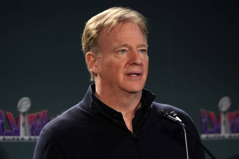 Feb 12, 2024; Las Vegas, NV, USA; NFL commissioner Roger Goodell at the Super Bowl Host Committee Handoff press conference at the Super Bowl LVIII media center at the Mandalay Bay North Convention Center. Mandatory Credit: Kirby Lee-USA TODAY Sports