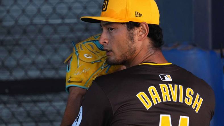 Feb 13, 2024; Peoria, AZ, USA; San Diego Padres pitcher Yu Darvish throws during a Spring Training workout at Peoria Sports Complex. Mandatory Credit: Joe Camporeale-USA TODAY Sports