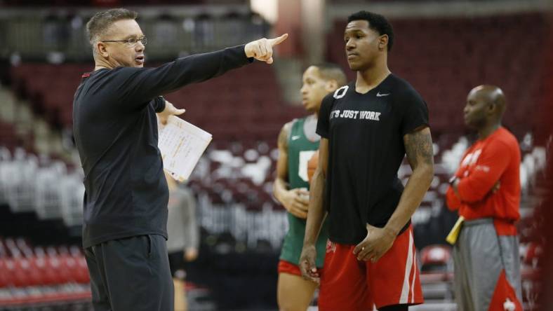 Ohio State Buckeyes guard C.J. Jackson listens to direction from head coach Chris Holtmann during the shoot-around prior to their game later that evening against Penn State at Value City Arena in Columbus on Feb. 7, 2019. [Adam Cairns/Dispatch]