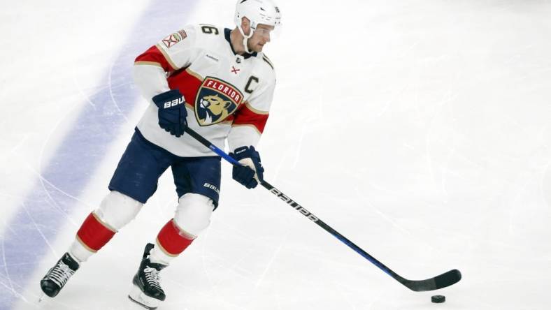 Feb 14, 2024; Pittsburgh, Pennsylvania, USA; Florida Panthers center Aleksander Barkov  (16) warms up before the game against the Pittsburgh Penguins at PPG Paints Arena. Mandatory Credit: Charles LeClaire-USA TODAY Sports