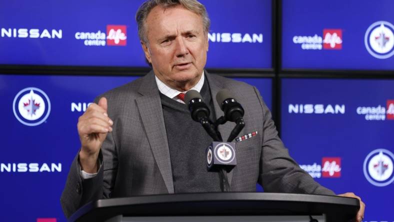 Feb 14, 2024; Winnipeg, Manitoba, CAN; Winnipeg Jets head coach Rick Bowness talks with the media after their win over the San Jose Sharks at Canada Life Centre. Mandatory Credit: James Carey Lauder-USA TODAY Sports