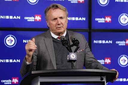 Feb 14, 2024; Winnipeg, Manitoba, CAN; Winnipeg Jets head coach Rick Bowness talks with the media after their win over the San Jose Sharks at Canada Life Centre. Mandatory Credit: James Carey Lauder-USA TODAY Sports