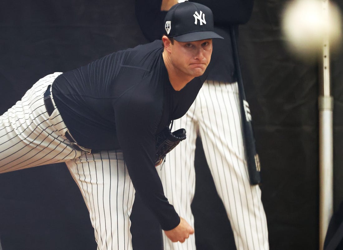 Feb 15, 2024; Tampa, FL, USA; New York Yankees starting pitcher Gerrit Cole (45) throws during a bullpen session during spring training practice at George M. Steinbrenner Field. Mandatory Credit: Kim Klement Neitzel-USA TODAY Sports