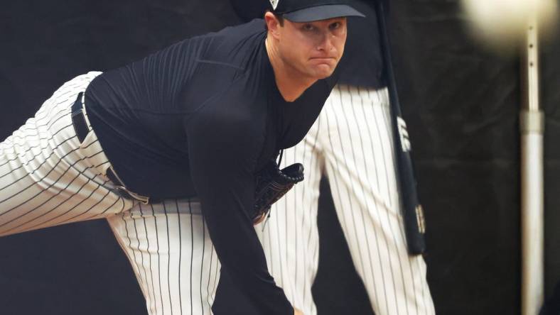 Feb 15, 2024; Tampa, FL, USA; New York Yankees starting pitcher Gerrit Cole (45) throws during a bullpen session during spring training practice at George M. Steinbrenner Field. Mandatory Credit: Kim Klement Neitzel-USA TODAY Sports