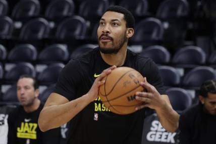 Feb 15, 2024; Salt Lake City, Utah, USA; Utah Jazz forward Otto Porter Jr. (22) warms up before the game against the Golden State Warriors at Delta Center. Mandatory Credit: Chris Nicoll-USA TODAY Sports
