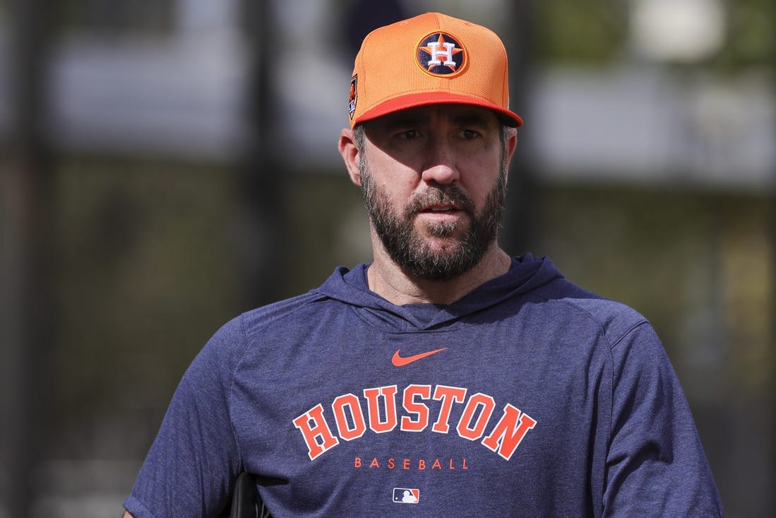 Feb 16, 2024; West Palm Beach, FL, USA; Houston Astros starting pitcher Justin Verlander (35) looks on during spring training practice at CACTI Park of the Palm Beaches. Mandatory Credit: Sam Navarro-USA TODAY Sports