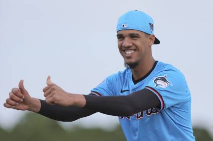 Feb 17, 2024; Jupiter, FL, USA; Miami Marlins starting pitcher Eury Perez (39) reacts during a spring training workout at the Marlins Player Development & Scouting Complex. Mandatory Credit: Sam Navarro-USA TODAY Sports