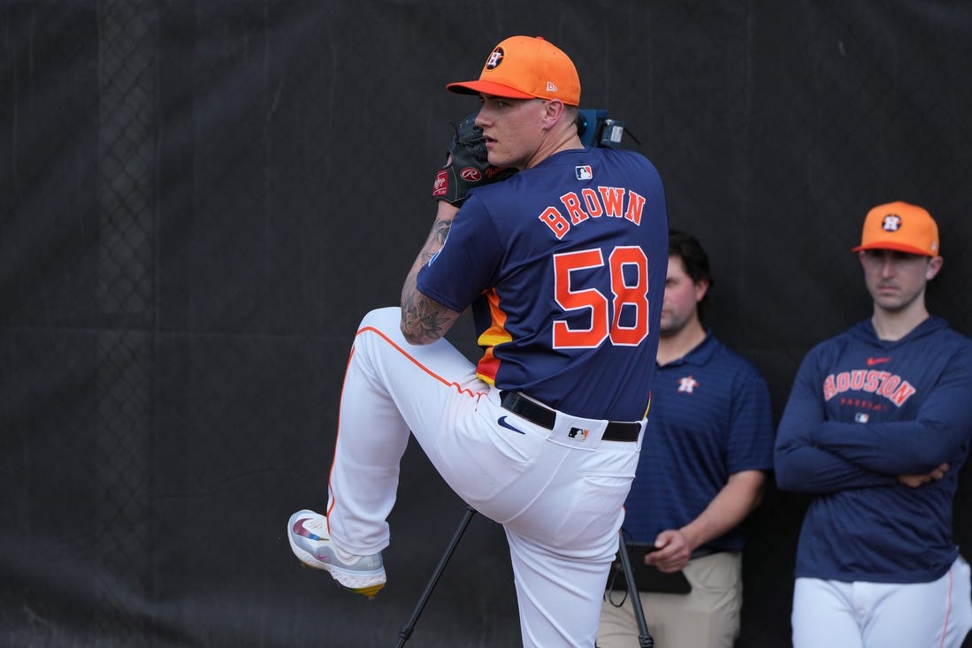 Feb 17, 2024; West Palm Beach, FL, USA; Houston Astros starting pitcher Hunter Brown (58) works in the bullpen during workouts at spring training. Mandatory Credit: Jim Rassol-USA TODAY Sports
