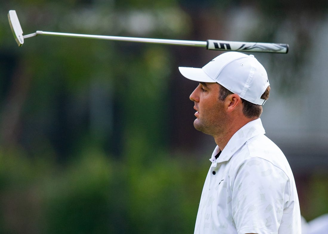 Feb 17, 2024; Pacific Palisades, California, USA; Scottie Scheffler reacts after a putt on the sixteenth hole during the third round of The Genesis Invitational golf tournament at Riviera Country Club. Mandatory Credit: Jason Parkhurst-USA TODAY Sports