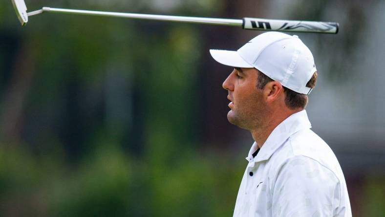 Feb 17, 2024; Pacific Palisades, California, USA; Scottie Scheffler reacts after a putt on the sixteenth hole during the third round of The Genesis Invitational golf tournament at Riviera Country Club. Mandatory Credit: Jason Parkhurst-USA TODAY Sports