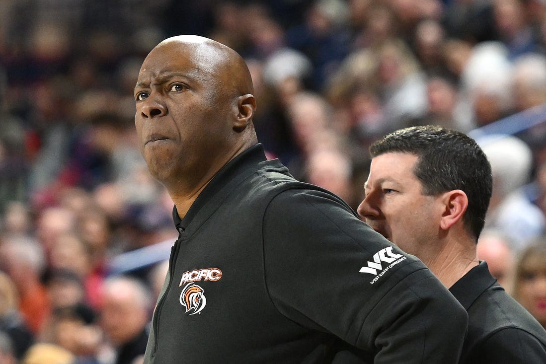 Feb 17, 2024; Spokane, Washington, USA; Pacific Tigers head coach Leonard Perry looks on during a game against the Gonzaga Bulldogs in the first half at McCarthey Athletic Center. Mandatory Credit: James Snook-USA TODAY Sports