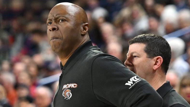 Feb 17, 2024; Spokane, Washington, USA; Pacific Tigers head coach Leonard Perry looks on during a game against the Gonzaga Bulldogs in the first half at McCarthey Athletic Center. Mandatory Credit: James Snook-USA TODAY Sports