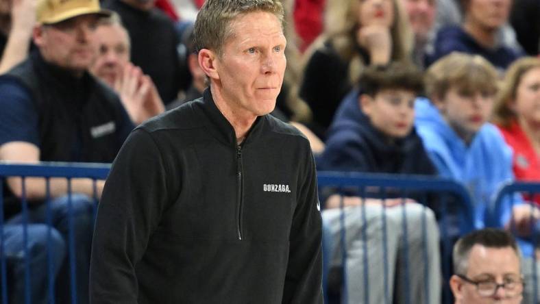 Feb 17, 2024; Spokane, Washington, USA; Gonzaga Bulldogs head coach Mark Few looks on against the Pacific Tigers in the first half at McCarthey Athletic Center. Mandatory Credit: James Snook-USA TODAY Sports