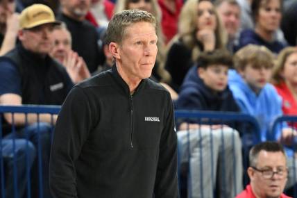 Feb 17, 2024; Spokane, Washington, USA; Gonzaga Bulldogs head coach Mark Few looks on against the Pacific Tigers in the first half at McCarthey Athletic Center. Mandatory Credit: James Snook-USA TODAY Sports