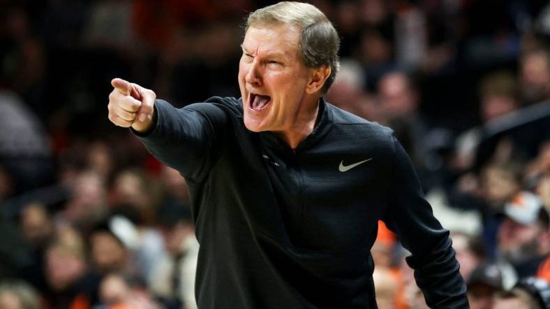 Oregon Ducks head coach Dana Altman calls out to his team during the game against the Oregon State Beavers on Saturday, Feb. 17, 2024 at Gill Coliseum in Corvallis, Ore.