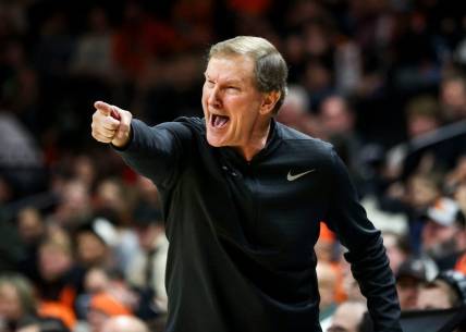 Oregon Ducks head coach Dana Altman calls out to his team during the game against the Oregon State Beavers on Saturday, Feb. 17, 2024 at Gill Coliseum in Corvallis, Ore.