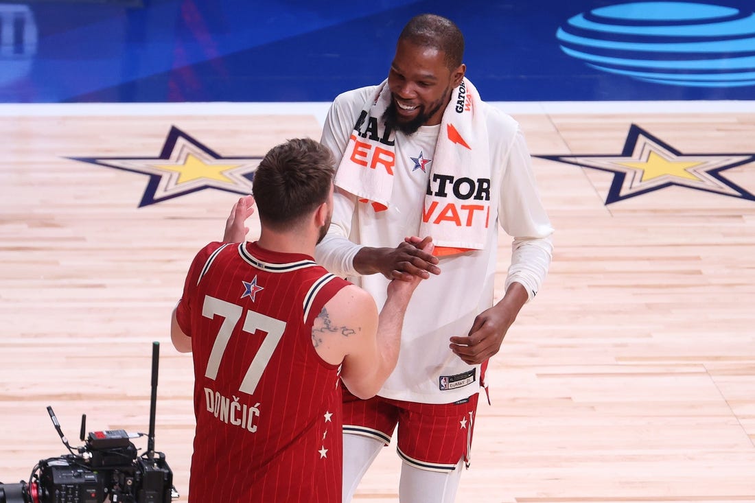 Feb 18, 2024; Indianapolis, Indiana, USA; Western Conference forward Luka Doncic (77) of the Dallas Mavericks shakes hands with forward Kevin Durant (35) of the Phoenix Suns following the 73rd NBA All Star game against the Eastern Conference All-Stars at Gainbridge Fieldhouse. Mandatory Credit: Trevor Ruszkowski-USA TODAY Sports