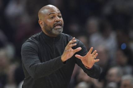 Feb 22, 2024; Cleveland, Ohio, USA; Cleveland Cavaliers head coach J.B. Bickerstaff reacts in the second quarter against the Orlando Magic at Rocket Mortgage FieldHouse. Mandatory Credit: David Richard-USA TODAY Sports