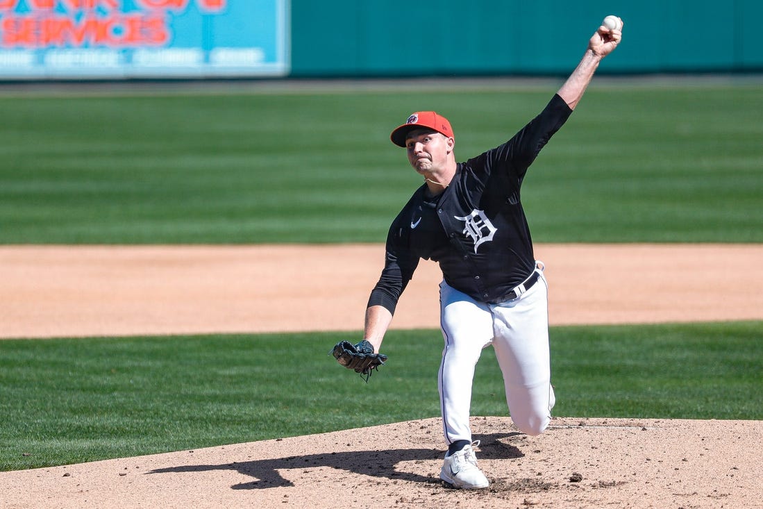 Detroit Tigers pitcher Tarik Skubal throws during spring training at TigerTown in Lakeland, Fla. on Friday, Feb. 23, 2024.