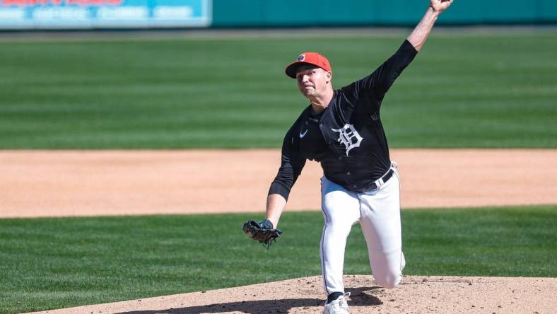 Detroit Tigers pitcher Tarik Skubal throws during spring training at TigerTown in Lakeland, Fla. on Friday, Feb. 23, 2024.