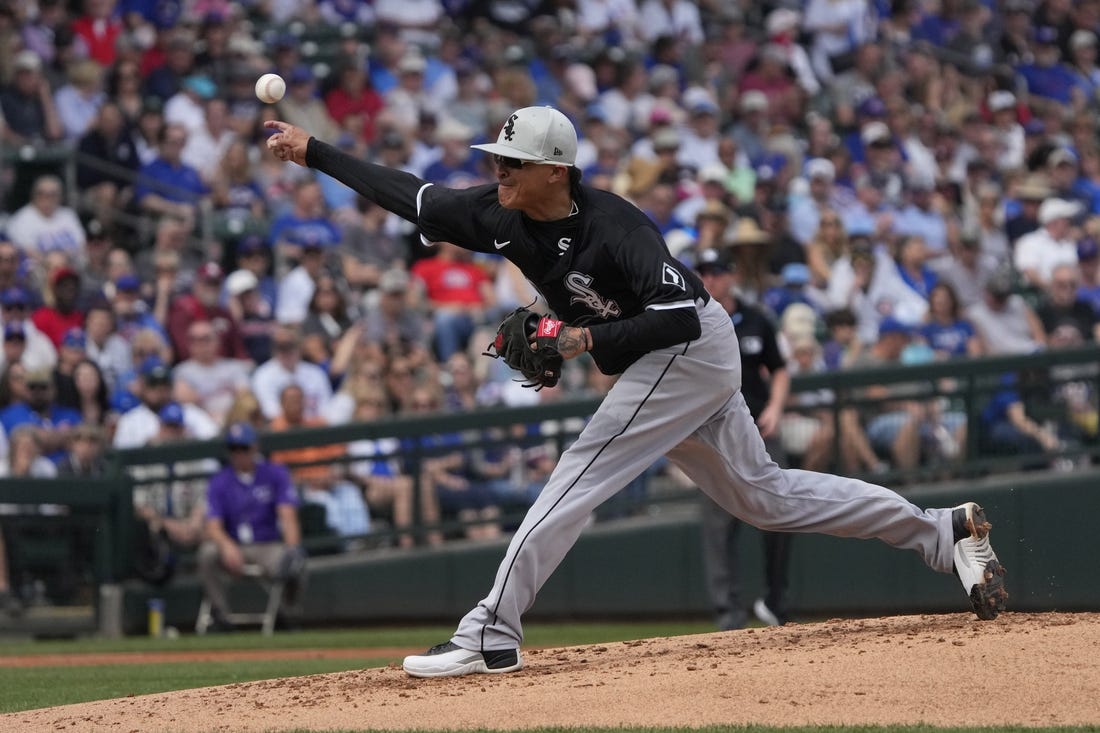 Feb 23, 2024; Mesa, Arizona, USA; Chicago White Sox pitcher Jesse Chavez (60) throws against the Chicago Cubs in the first inning at Sloan Park. Mandatory Credit: Rick Scuteri-USA TODAY Sports