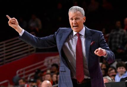 Feb 15, 2024; Los Angeles, California, USA; Southern California Trojans head coach Andy Enfield reacts against the Utah Utes during the second half of an NCAA basketball game at Galen Center. Mandatory Credit: Alex Gallardo-USA TODAY Sports