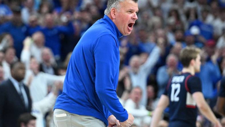 Feb 20, 2024; Omaha, Nebraska, USA;  Creighton Bluejays head coach Greg McDermott reacts to play in the game against the Connecticut Huskies in the second half at CHI Health Center Omaha. Mandatory Credit: Steven Branscombe-USA TODAY Sports