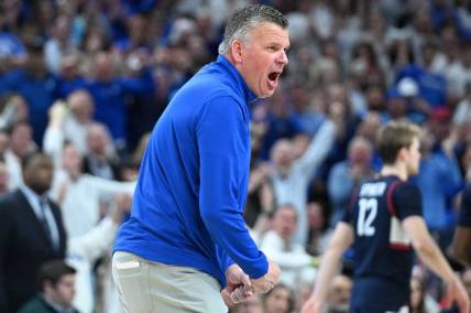 Feb 20, 2024; Omaha, Nebraska, USA;  Creighton Bluejays head coach Greg McDermott reacts to play in the game against the Connecticut Huskies in the second half at CHI Health Center Omaha. Mandatory Credit: Steven Branscombe-USA TODAY Sports