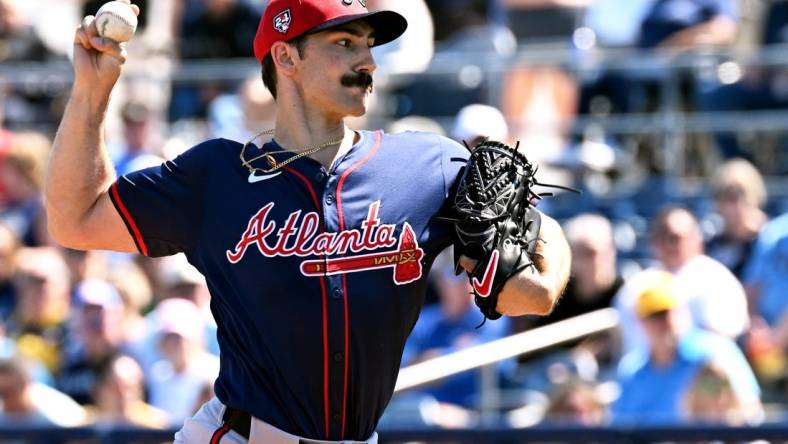 Feb 24, 2024; Port Charlotte, Florida, USA; Atlanta Braves pitcher Spencer Strider (99) throws a pitch in the first inning of a spring training game against the Tampa Bay Rays  at Charlotte Sports Park. Mandatory Credit: Jonathan Dyer-USA TODAY Sports